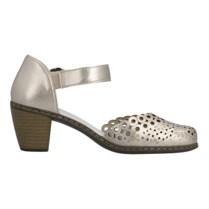 Pantofi dama auriu casual piele naturala perforati cu toc Rieker 40902-90-Auriu