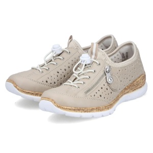 Pantofi dama bej casual piele ecologica perforati cu talpa joasa Rieker N42P6-62-Bej