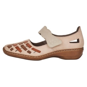 Pantofi dama, bej, casual, piele naturala, perforati, cu talpa joasa, Rieker 41369-61-Bej