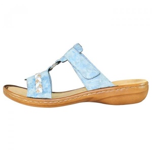 Papuci dama, albastru deschis, comozi, din piele ecologica, cu talpa joasa, antistres, Rieker 60888-12-Albastru-Deschis