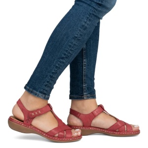 Sandale dama rosu casual piele naturala cu talpa joasa Rieker 65919-33-Rosu