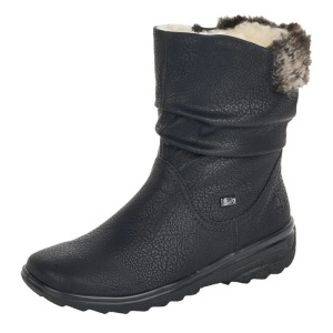 Cizme dama negru casual piele ecologica impermeabile imblanite scurte cu talpa joasa Rieker Z7088-00-Negru