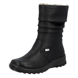 Cizme dama negru casual piele ecologica impermeabile imblanite scurte cu talpa joasa Rieker Z7171-02-Negru