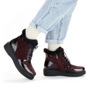 Ghete dama bordo casual piele naturala lacuita imblanite cu talpa joasa Rieker 93312-35-Bordo