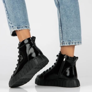 Ghete dama negru casual piele naturala lacuita cu talpa joasa Filippo DBT4146-23-BK-Negru