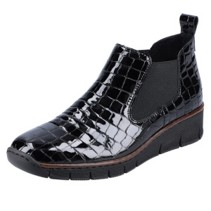 Ghete dama negru casual piele naturala lacuita cu talpa joasa Rieker 53794-01-Negru