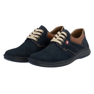 Pantofi barbati albastru inchis casual piele naturala perforati cu talpa joasa Rieker 05207-15-Albastru-Inchis