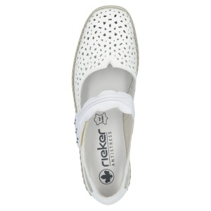 Pantofi dama alb casual piele naturala perforati cu talpa joasa Rieker 41399-80-Alb