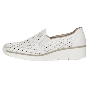 Pantofi dama, alb, casual, piele naturala, perforati, cu talpa joasa, Rieker 53795-80-Alb