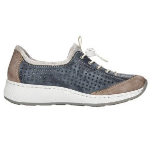 Pantofi dama albastru casual piele ecologica perforati cu talpa joasa Rieker N5596-14-Albastru