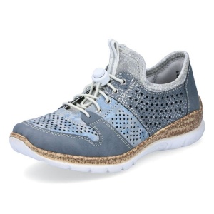 Pantofi dama albastru casual piele ecologica si textil perforati cu talpa joasa Rieker N4255-12-Albastru