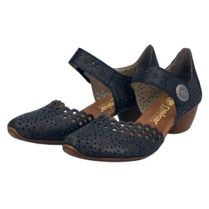 Pantofi dama albastru inchis casual piele naturala perforati cu toc Rieker 43753-14-Albastru-Inchis