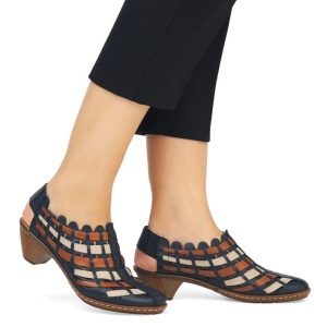 Pantofi dama albastru inchis casual piele naturala perforati cu toc Rieker 46778-14-Albastru-Inchis