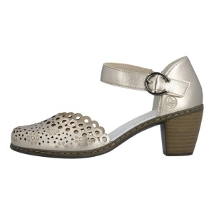 Pantofi dama, auriu, casual, piele naturala, perforati, cu toc, Rieker 40902-90-Auriu