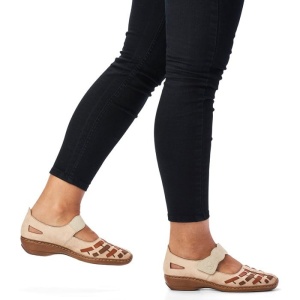 Pantofi dama bej casual piele naturala perforati cu talpa joasa Rieker 41369-61-Bej