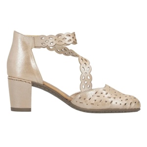 Pantofi dama bej eleganti piele ecologica stralucitori perforati cu toc Rieker 41055-62-Bej