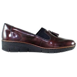 Pantofi dama bordo casual piele lacuita si piele ecologica cu ciucuri cu talpa joasa Rieker 53751-35-Bordo