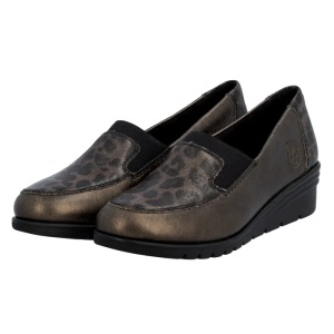 Pantofi dama bronz casual piele naturala cu platforma imprimeu leopard Rieker L5351-90-Bronz