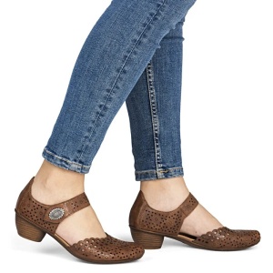 Pantofi dama maro casual piele naturala perforati cu toc Rieker 43753-22-Maro
