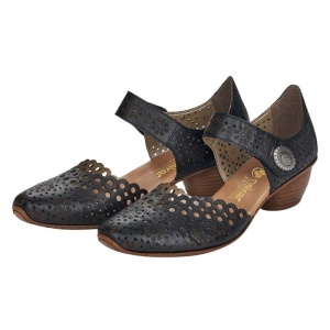 Pantofi dama negru casual piele naturala perforati cu toc Rieker 43753-00-Negru