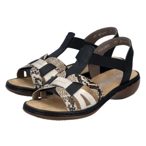 Sandale dama negru casual piele ecologica cu imprimeu sarpe cu talpa joasa Rieker 65918-92-Negru