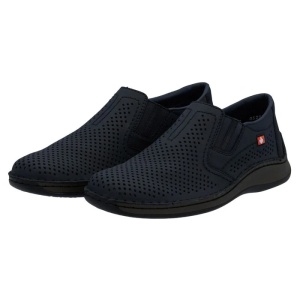Pantofi barbati albastru inchis casual piele naturala perforati cu talpa joasa Rieker 05297-14-Albastru-Inchis