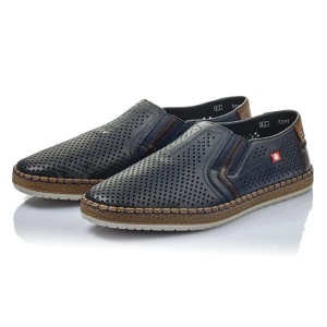 Pantofi barbati albastru inchis casual piele naturala perforati cu talpa joasa Rieker B5297-14-Albastru-Inchis
