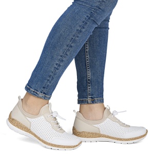 Pantofi dama alb casual piele ecologica si textil cu talpa joasa Rieker N4286-80-Alb