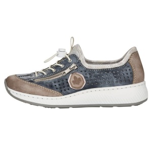 Pantofi dama, albastru, casual, piele ecologica, perforati, cu talpa joasa, Rieker N5596-14-Albastru