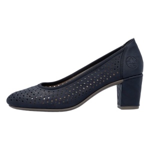 Pantofi dama, albastru, casual, piele ecologica, perforati, cu toc, Rieker 41057-14-Albastru