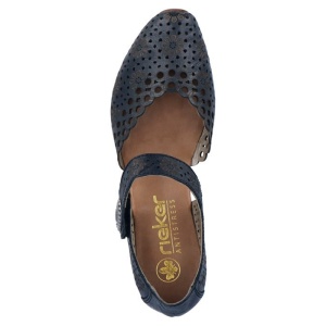 Pantofi dama albastru inchis casual piele naturala perforati cu toc Rieker 43753-14-Albastru-Inchis