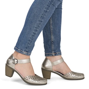 Pantofi dama auriu casual piele naturala perforati cu toc Rieker 40902-90-Auriu