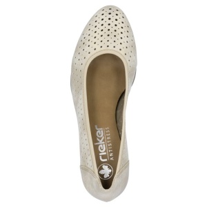 Pantofi dama bej casual piele ecologica perforati cu toc Rieker 41057-60-Bej