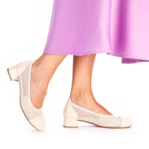 Pantofi dama bej elegant piele naturala perforati cu toc Rieker 45065-80-Bej