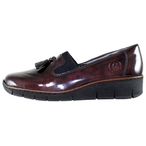 Pantofi dama, bordo, casual, piele lacuita si piele ecologica, cu ciucuri, cu talpa joasa, Rieker 53751-35-Bordo
