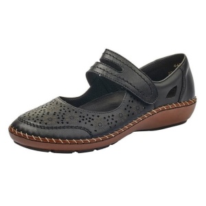 Pantofi dama negru casual piele naturala perforati cu talpa joasa Rieker 44875-00-Negru