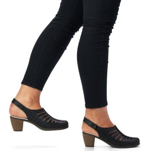 Pantofi dama negru casual piele naturala perforati cu toc Rieker 40959-00-Negru