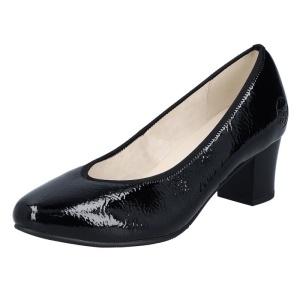Pantofi dama negru elegant piele ecologica lacuita cu toc Rieker 44650-02-Negru