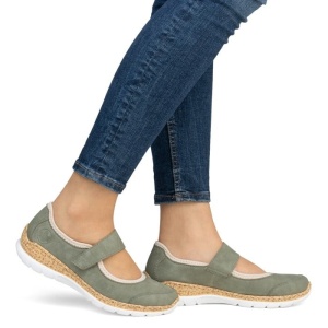 Pantofi dama verde casual piele ecologica si textil cu talpa joasa Rieker N42B0-52-Verde