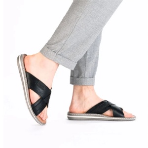 Papuci barbati negru casual piele naturala cu talpa joasa Rieker 21082-00-Negru