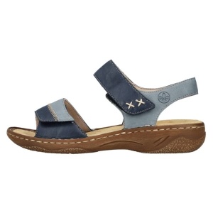 Sandale dama, albastru, casual, din piele ecologica, cu talpa joasa si inchidere velcro, Rieker V2860-14-Albastru