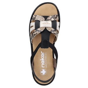 Sandale dama negru casual piele ecologica cu imprimeu sarpe cu talpa joasa Rieker 65918-92-Negru