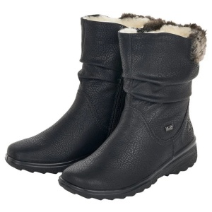 Cizme dama negru casual piele ecologica impermeabile imblanite scurte cu talpa joasa Rieker Z7088-00-Negru