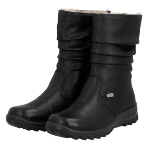 Cizme dama negru casual piele ecologica impermeabile imblanite scurte cu talpa joasa Rieker Z7171-02-Negru