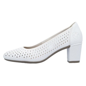 Pantofi dama, alb, casual, piele ecologica, perforati, cu toc, Rieker 41057-80-Alb