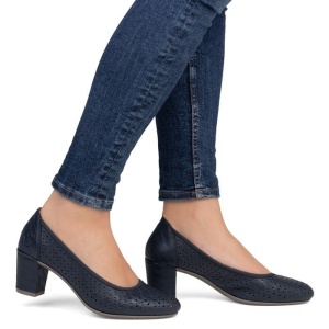 Pantofi dama albastru casual piele ecologica perforati cu toc Rieker 41057-14-Albastru