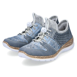 Pantofi dama albastru casual piele ecologica si textil perforati cu talpa joasa Rieker N4255-12-Albastru
