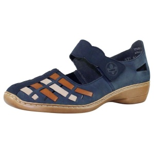 Pantofi dama albastru inchis casual piele naturala perforati cu talpa joasa Rieker 41369-14-Albastru-Inchis