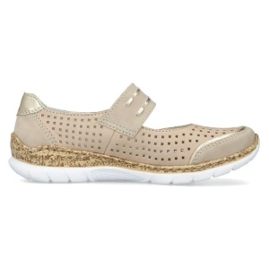 Pantofi dama bej casual piele naturala perforati cu talpa joasa Rieker N4257-60-Bej