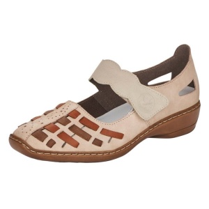 Pantofi dama bej casual piele naturala perforati cu talpa joasa Rieker 41369-61-Bej